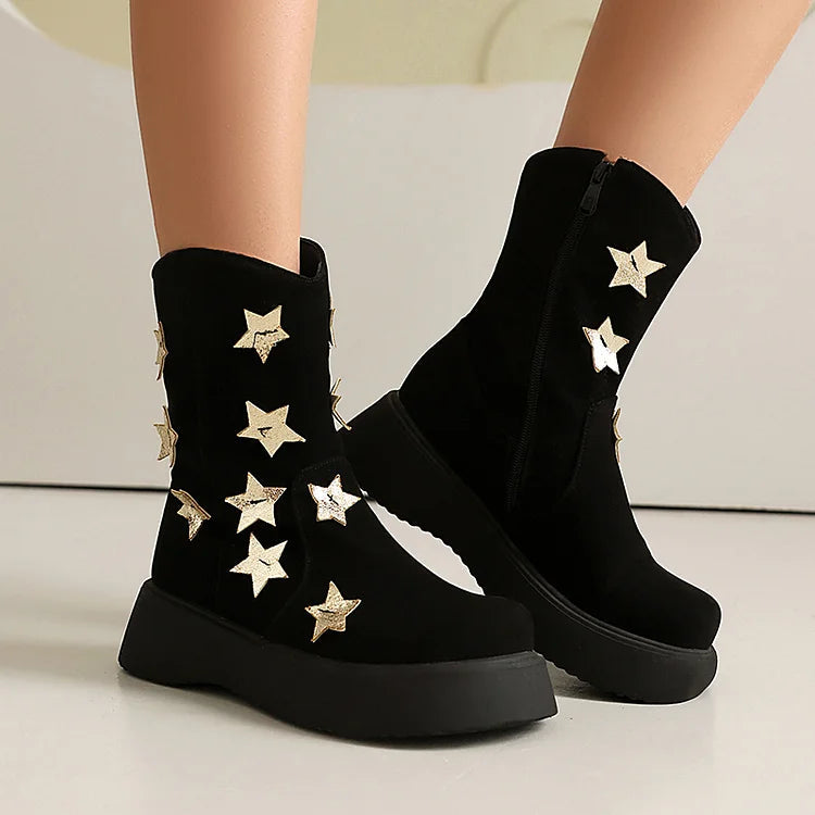 Star Shaped Patchwork Zipper Round Toe Low Platform Ankle Boots