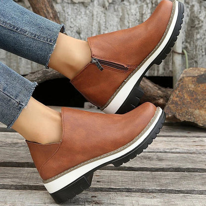 Patchwork Round Toe Chunky Heel Zipper Casual Ankle Boots