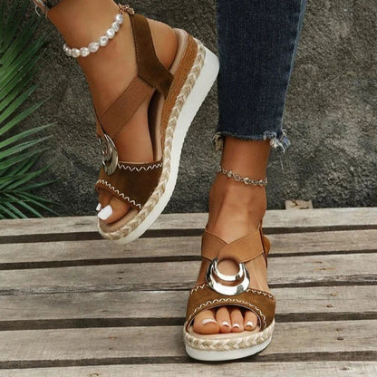 Seam O-Ring Buckle Decor Ankle Strap Platform Wedge Espadrille Sandals