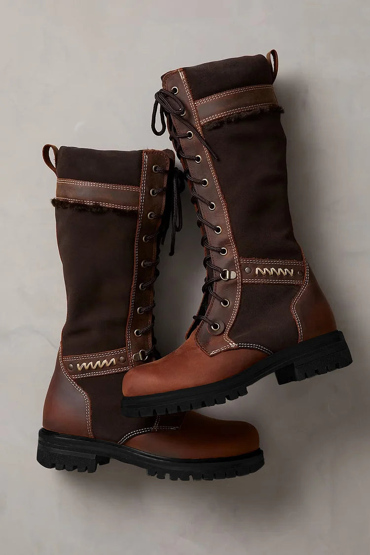 Round Toe Patchwork Lace Up Dark Brown Snow Boots [Pre Order]