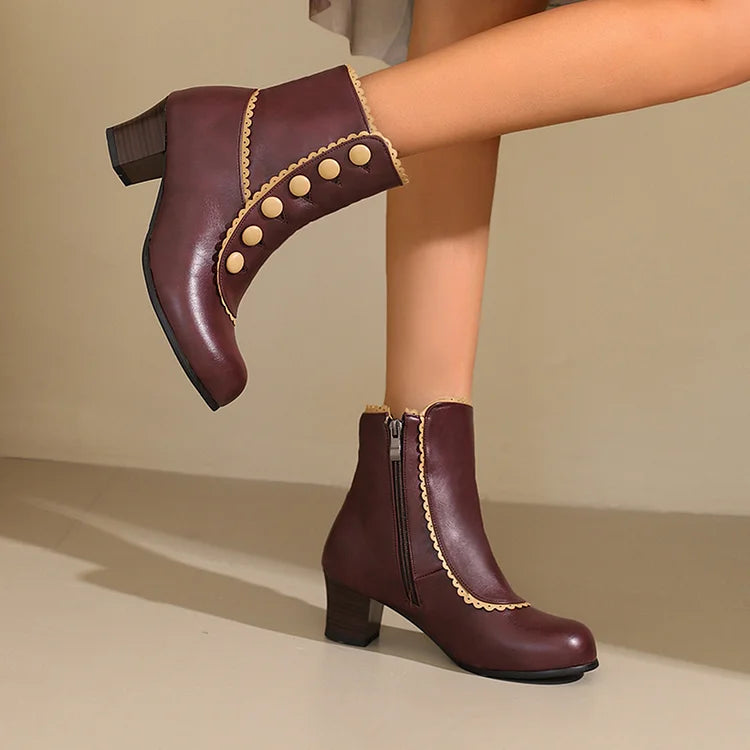 Buttons Colorblock Trim Round Toe Chunky Heel Ankle Boots