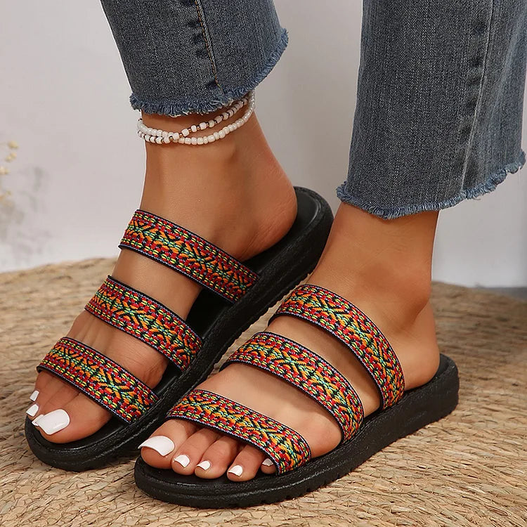 Ethnic Pattern Three Instep Straps Round Toe Slippers