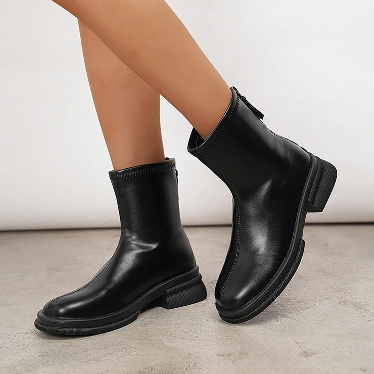 Stitch Detail Solid Color Zipper Round Toe Chunky Heel Mid Boots