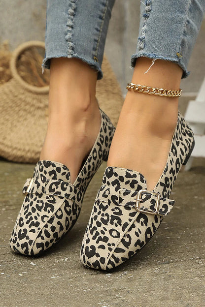 Leopard Print Strap Buckle Decor Square Toe Casual Loafers