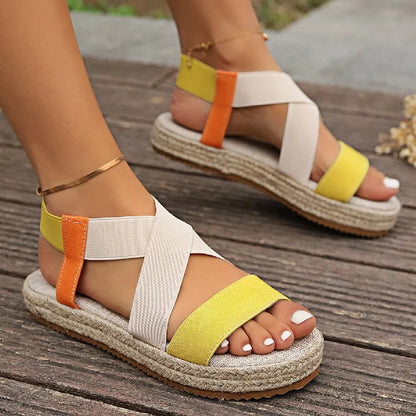 Color Block Cross Ankle Strap Espadrille Platform Sandals