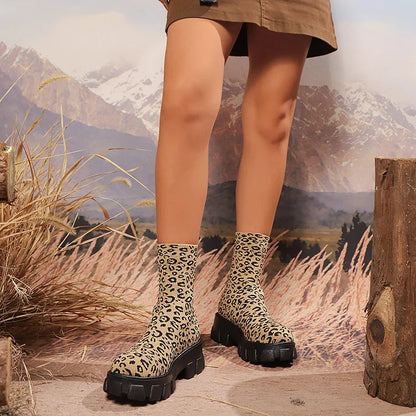 Knitted Leopard Pattern Round Toe Pull On Mid Boots