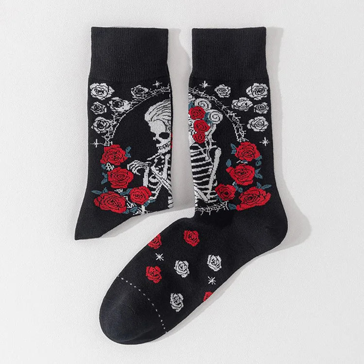 Halloween Long Hair Skeleton Rose Floral Print Mid Calf Socks