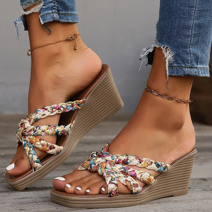 Floral Print Woven Strap Knotted Square Toe Wedge Slippers