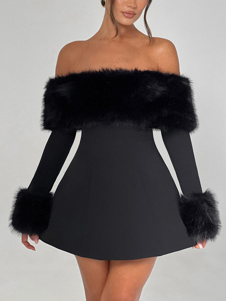 Playful Faux Fur Neckline A-Line Mini Dress