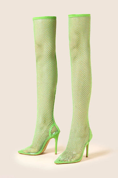 Hollow Out Mesh Pointed Toe Stiletto Heel Pull On Over The Knee Boots