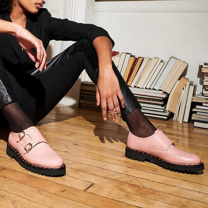 Round Toe Patchwork Buckles Casual Pink Brogue Oxfords [Pre Order]