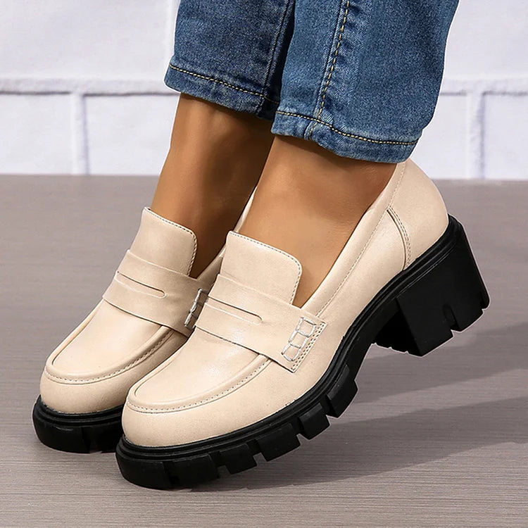 Casual Patchwork Round Toe Plain Chunky Heels Loafers