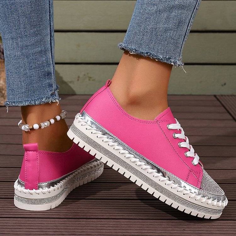 Rhinestone Decor Stitch Detail Round Toe Lace Up Sneakers