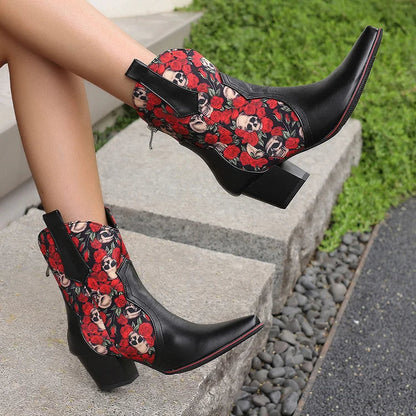 Floral Print Patchwork Chunky Heel Pointed Toe Ankle Boots