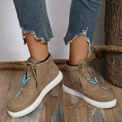 Beads Feather Pendant Stitch Detail Round Toe Ankle Boots