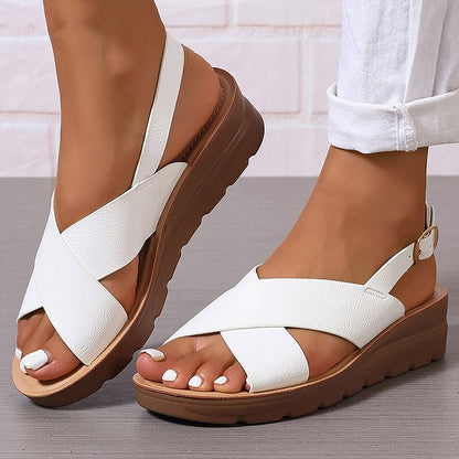 Cross Belt Slingback Strap Buckle Peep Toe Wedge Sandals