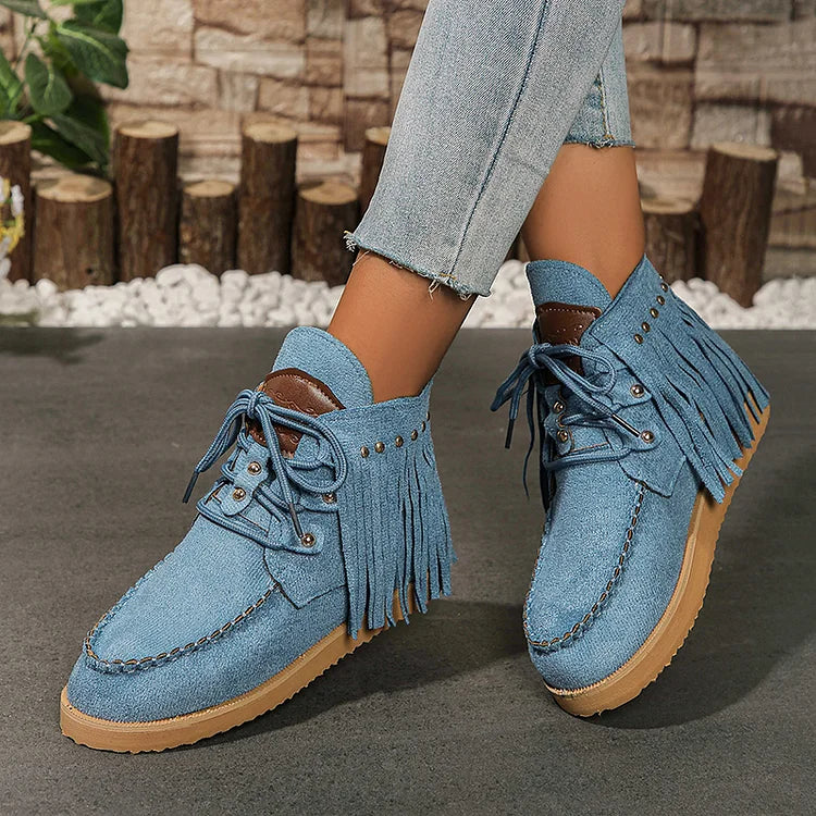 Fringed Trim Round Toe Metal Rivets Lace Up Ankle Boots