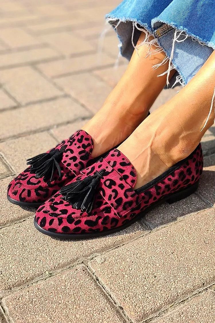 Tassels Decor Leopard Print Round Toe Fuchsia Loafers [Pre Order]