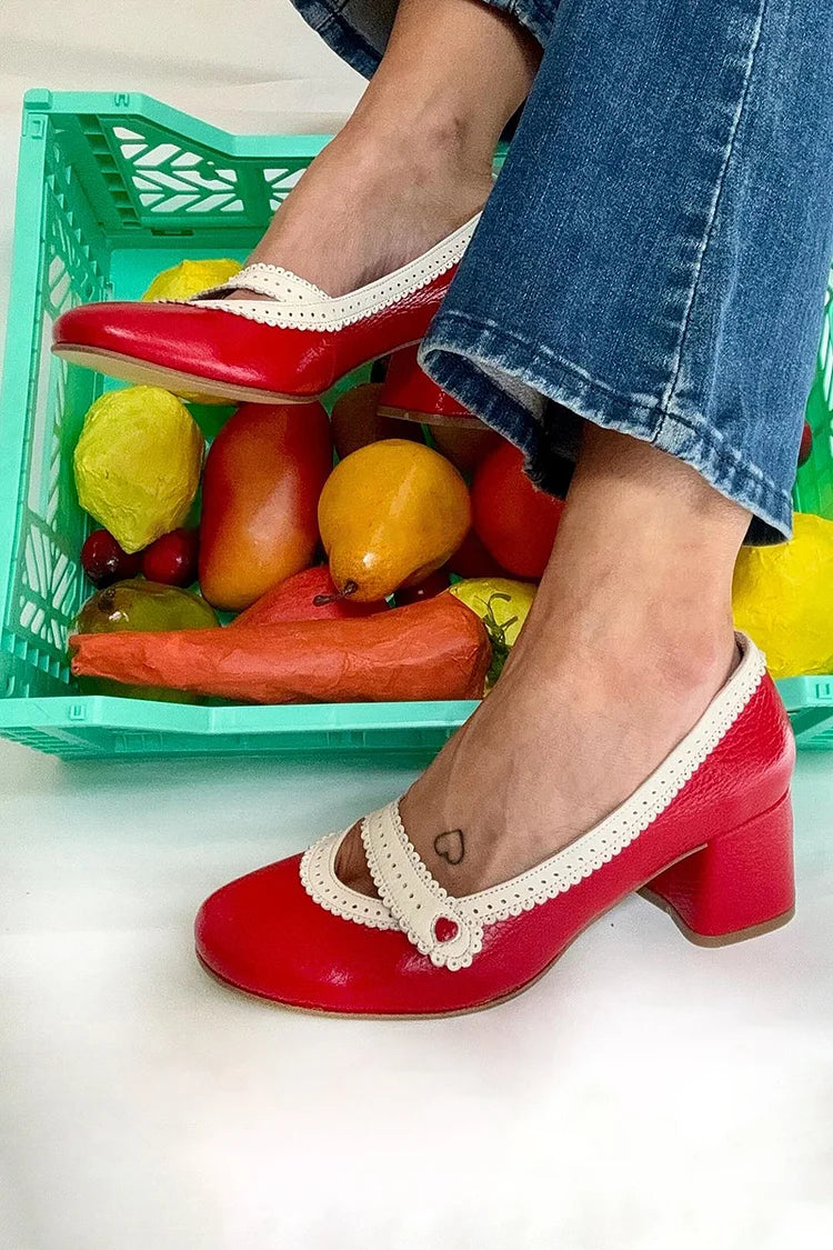 Hollow Out Colorblock Round Toe Red Chunky Heels [Pre Order]