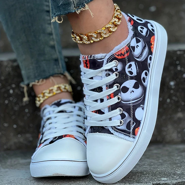 Halloween Pumpkin Ghost Head Print Raw Trim Lace Up Casual Shoes