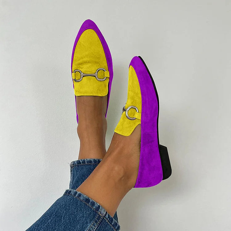 Colorblock Metal Buckle Pointy Toe Matte Retro Flats