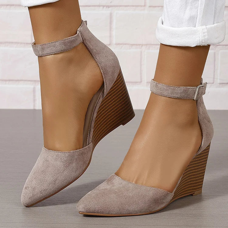 Pointy Toe Ankle Strap Buckle Solid Color Wedge Heels