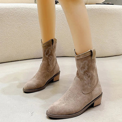 Embroidery Patchwork Round Toe Chunky Heel Mid Boots