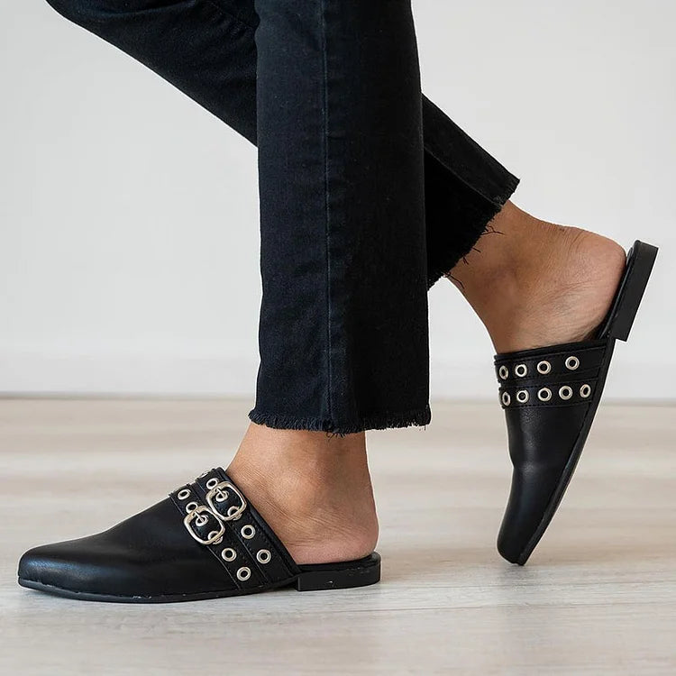 Eyelets Straps Buckles Decor Pointed Toe Black Mules