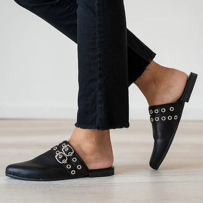 Eyelets Straps Buckles Decor Pointed Toe Black Mules