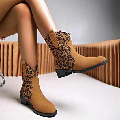 Patchwork Leopard Print Chunky Heel Round Toe Ankle Boots