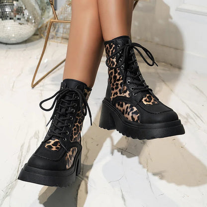 Patchwork Round Toe Leopard Print Chunky Heel Lace Up Mid Boots