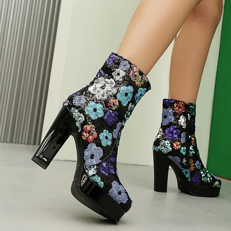 Multicolor Flower Sequins Square Toe Chunky Heel Ankle Boots