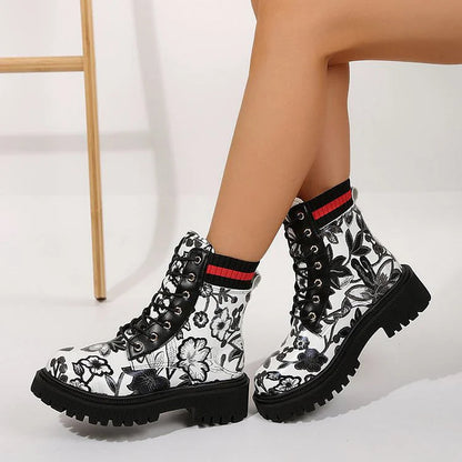 Floral Print Patchwork Lace Up Round Toe Chunky Heel Ankle Boots