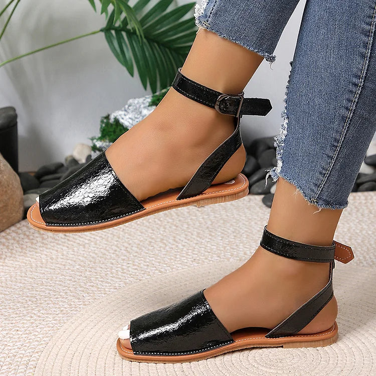 Metallic Sheen Ankle Strap Peep Toe Buckle Casual Sandals