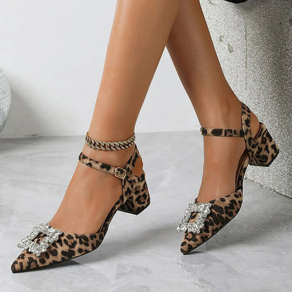 Leopard Print Rhinestone Decor Pointy Toe Ankle Strap Chunky Heels