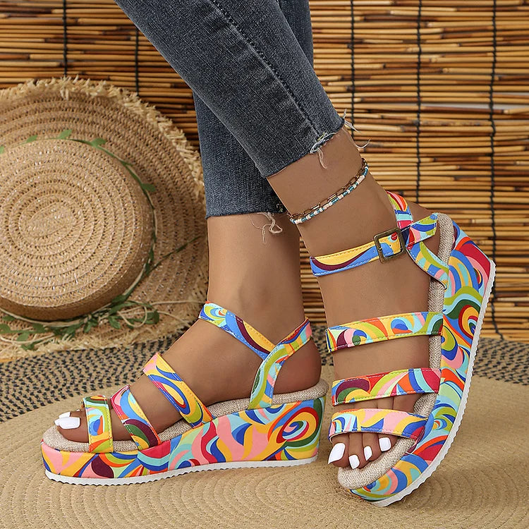 Colourful Swirl Print Strappy Buckle Peep Toe Platform Wedge Sandals