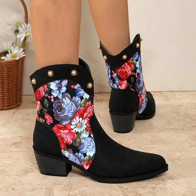 Patchwork Floral Print Metallic Studded Pointed Toe Cowgirl Boots