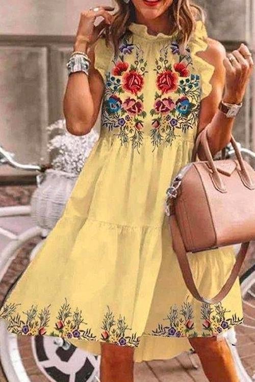 Casual Ruffle Floral Printed Midi Tiered Dress