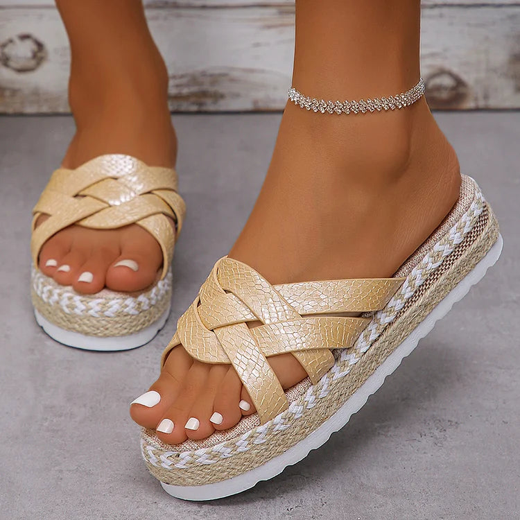 Textured Cross Strappy Platform Woven Espadrille Slippers