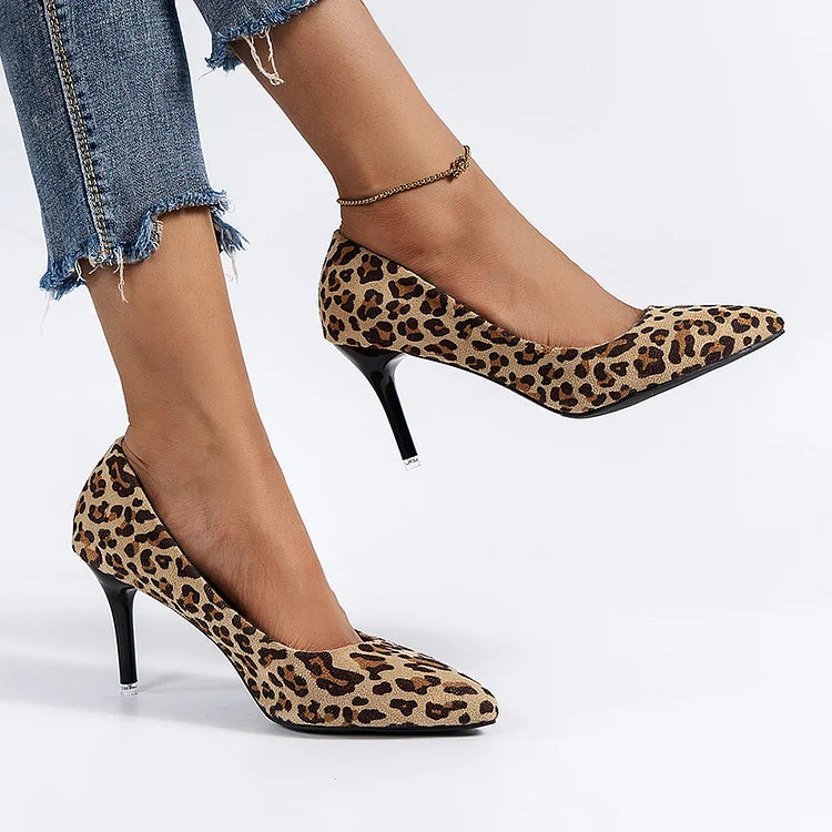 Leopard Print Pointed Toe Elegant Slip On Stiletto Heels