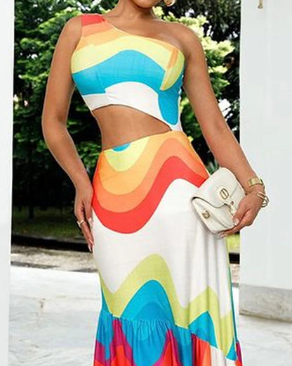 Fashionable Piece-Shoulder Cut-Out Rainbow Print Dress