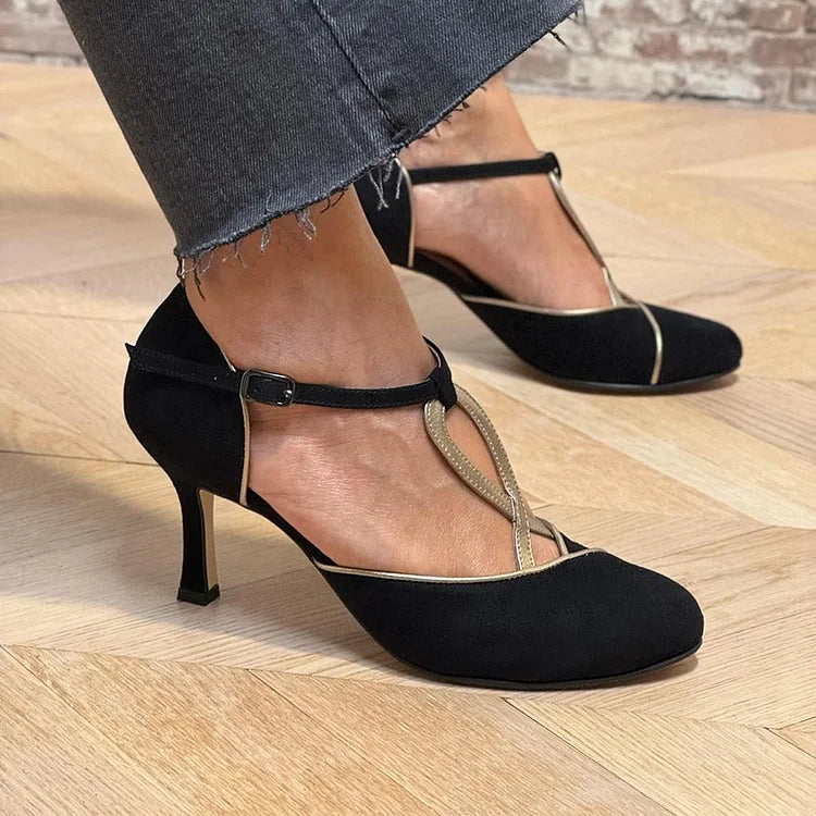 Contrast Binding Patchwork Ankle Strap Black Stiletto Heels [Pre Order]