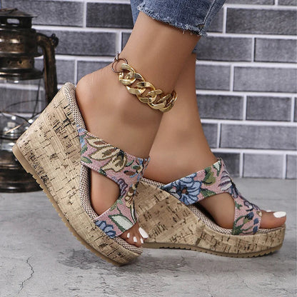 Floral Print Peep Toe Cut Out Wood Grain Wedge Slippers