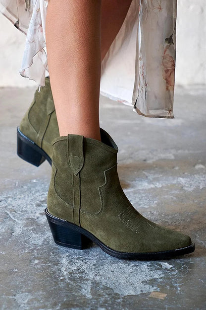 Stitch Detail Patchwork Pointed Toe Green Western Boots [Pre Order]