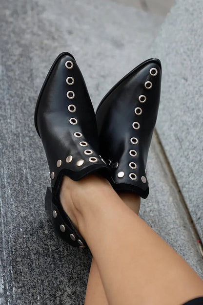 Metal Eyelets Pointed Toe Chunky Heel Black Ankle Boots