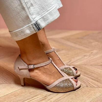 Patchwork T-Strap Buckle Glitter Peep Toe Taupe Kitten Heels