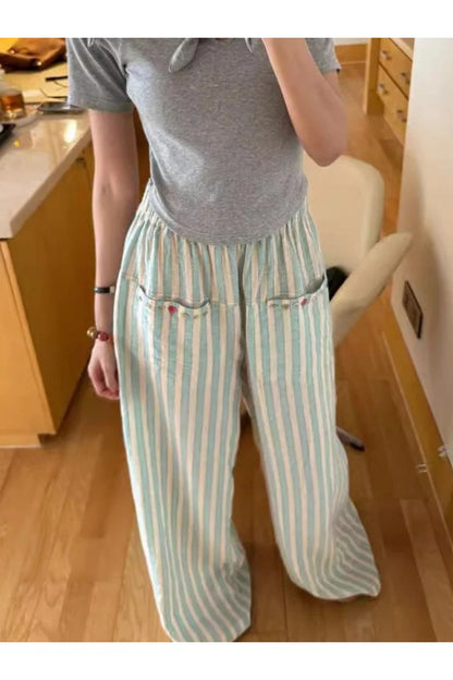 Loose Fit Casual Striped Polyester Cotton Pants