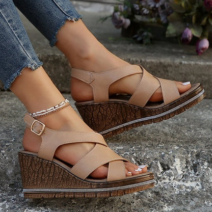 Rhinestone Cross Strap Buckle Peep Toe Plain Platform Wedge Sandals