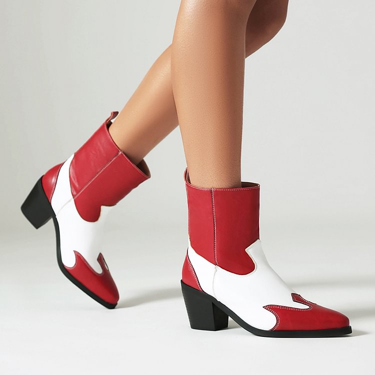 Colorblock Pointed Toe Patchwork Chunky Heel Pull On Ankle Boots