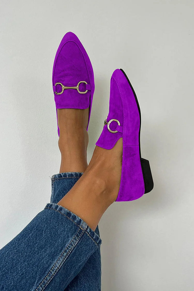 Metallic Buckle Pointy Toe Faux Suede Slip-On Flats